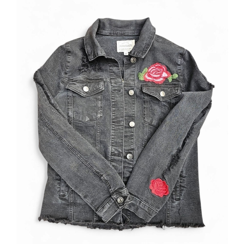 Premium Denim Hammer Jean Jacket With Rose And Tiger Embroidery.